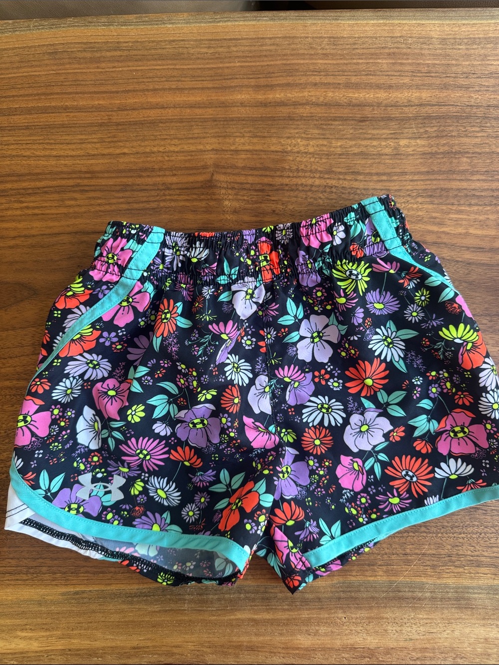 Under Armour Black Floral Girls' Active Shorts with Teal Trim